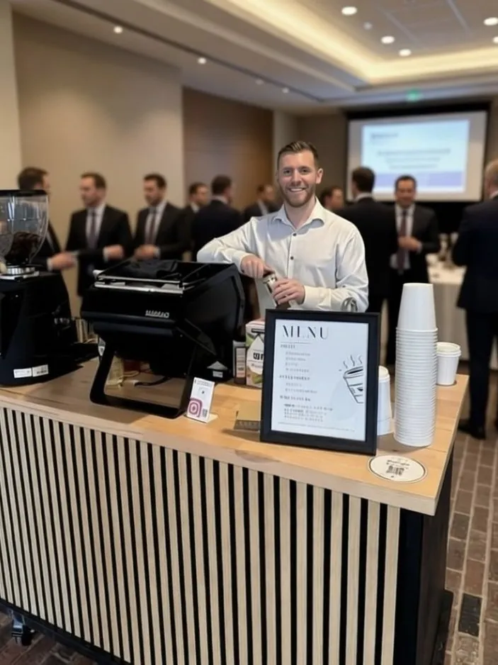 Coffee cart serving a business conference room full of attendees in Dallas