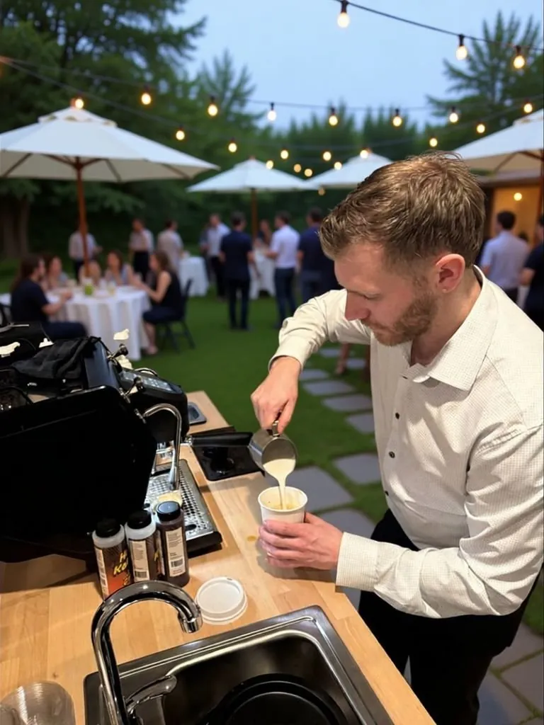 Barista pouring a latte at an outdoor garden wedding reception under string lights