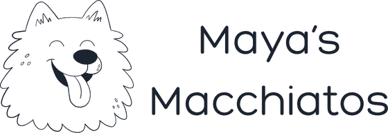 Maya's Macchiatos logo, a smiling Samoyed